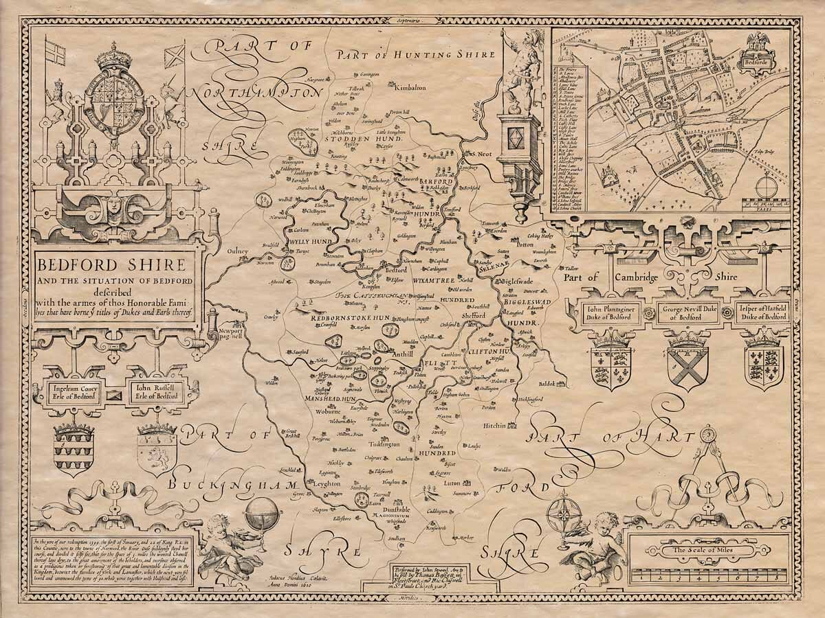 OLD COPY OF JOHN SPEED MAP OF BEDFORDSHIRE BEDFORD TOWN PLAN 1610 