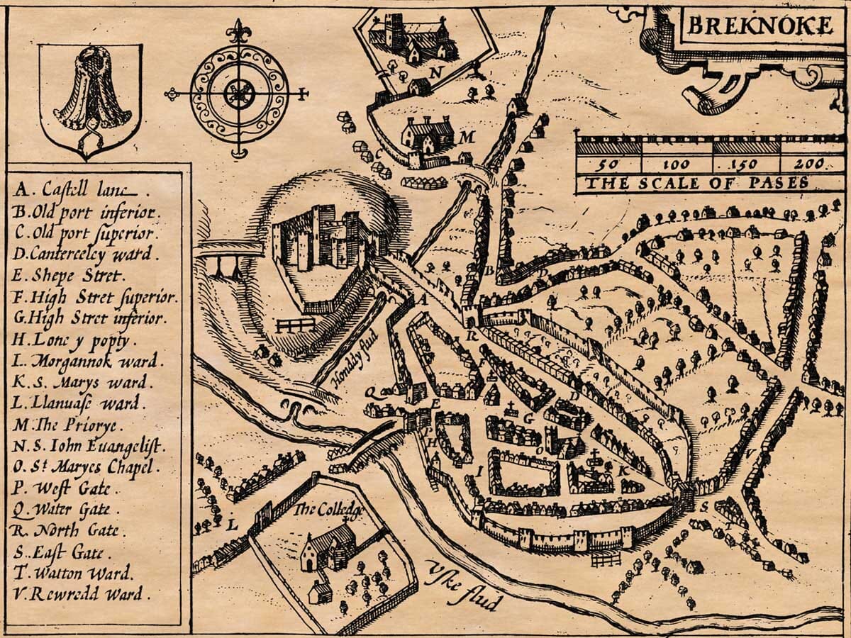 Detail from an old map of Brekon featuring a town plan
