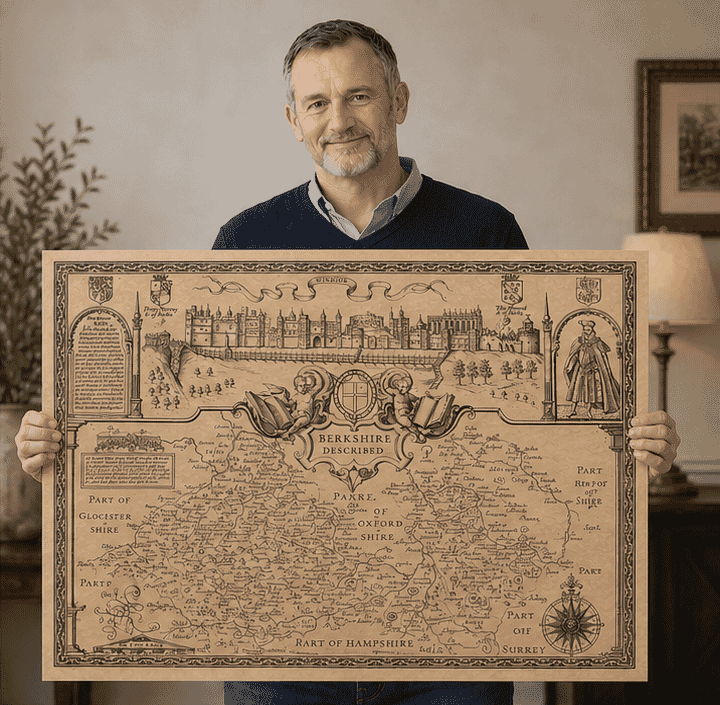 Man holding John Speed’s Berkshire map print for scale