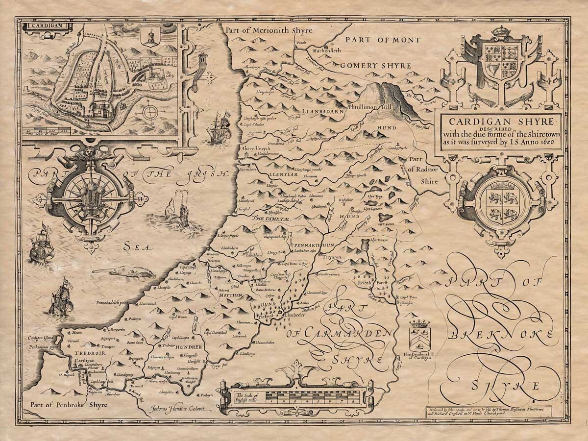 WALES CARDIGANSHIRE 1610 by Speed reproduction old map 