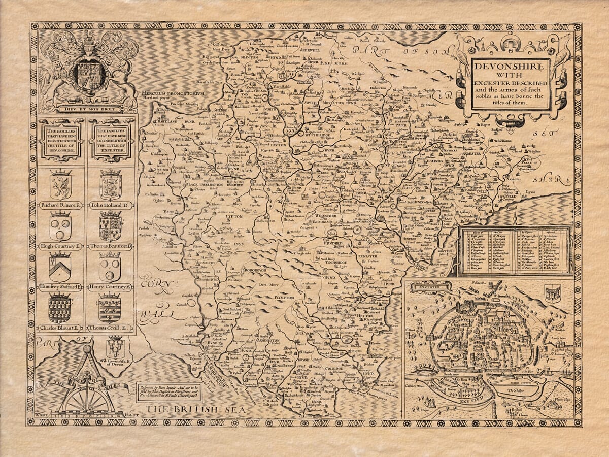 John Speed’s old map of Devon, showing an inset plan of Exeter and the county’s two coasts