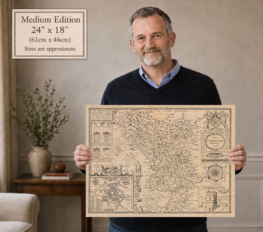 Model holding the medium edition of John Speed’s historic map of Derbyshire for size illustration
