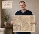 Model holding the medium edition of John Speed’s historic map of Derbyshire for size illustration