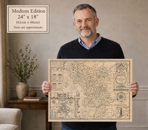 Model holding the medium edition of John Speed’s historic map of Derbyshire for size illustration