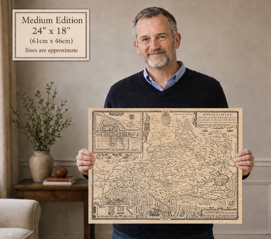 Model holding the medium edition of John Speed’s historic map of Dorset for size illustration
