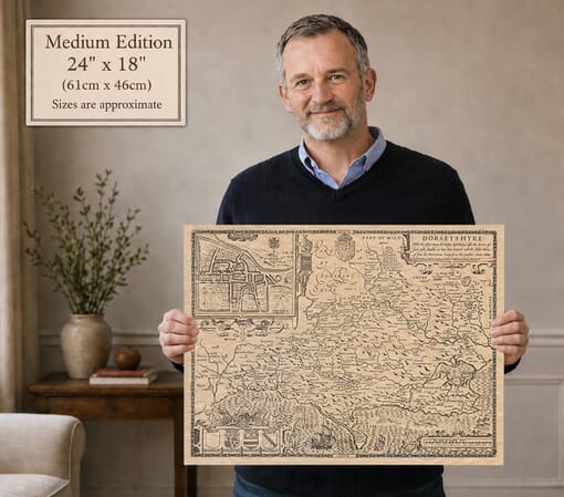 Model holding the medium edition of John Speed’s historic map of Dorset for size illustration