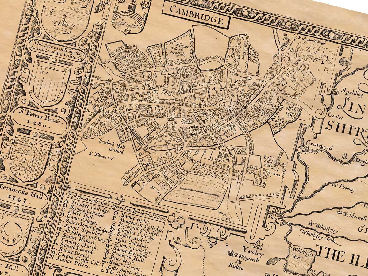 Detail from an old map of Cambridgeshire featuring a town plan