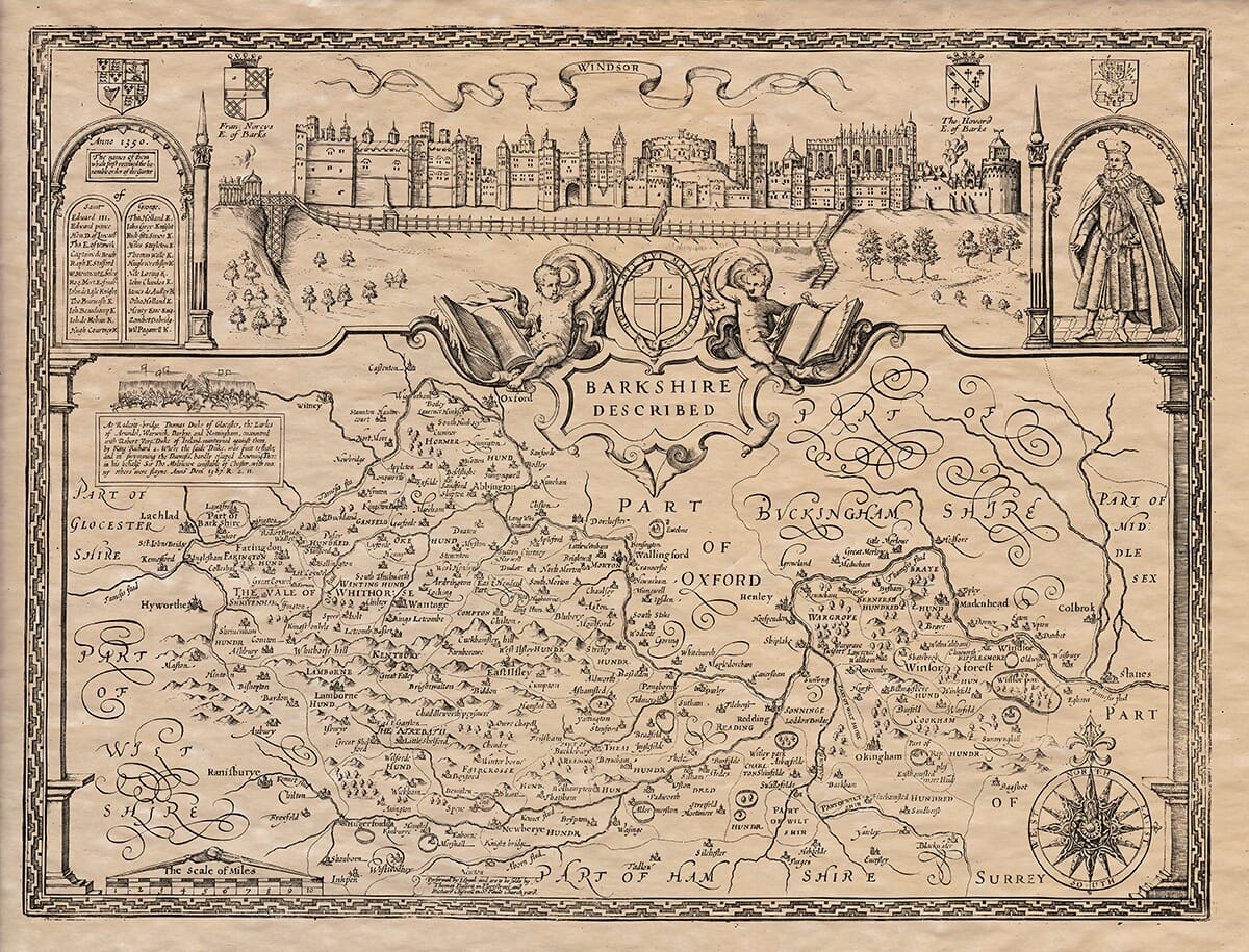 John Speed’s old map of Berkshire, showing a panorama of Windsor Castle and historic Berkshire