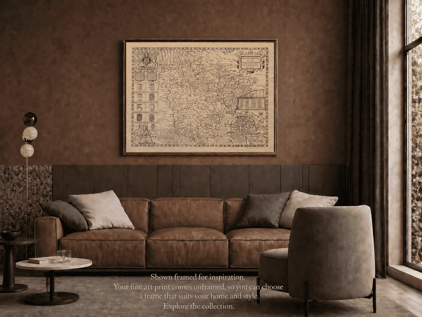Old map of Devon displayed framed in a living room