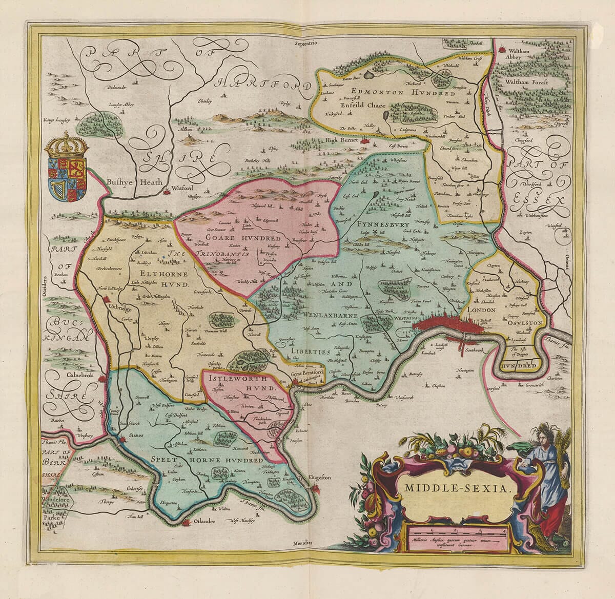 Vintage Map of Middlesex by Joan Blaeu