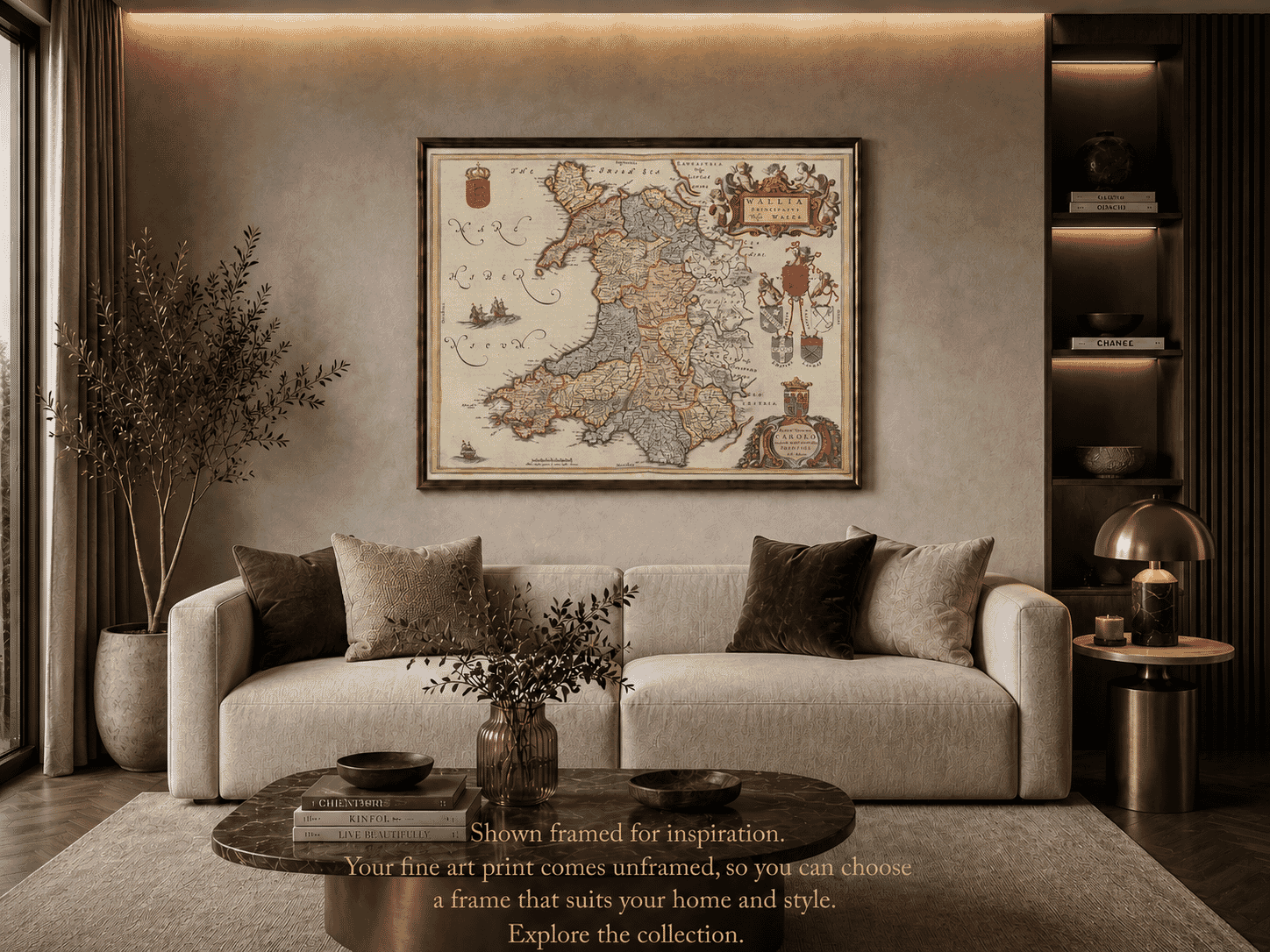 Vintage map of Wales displayed framed in a living room