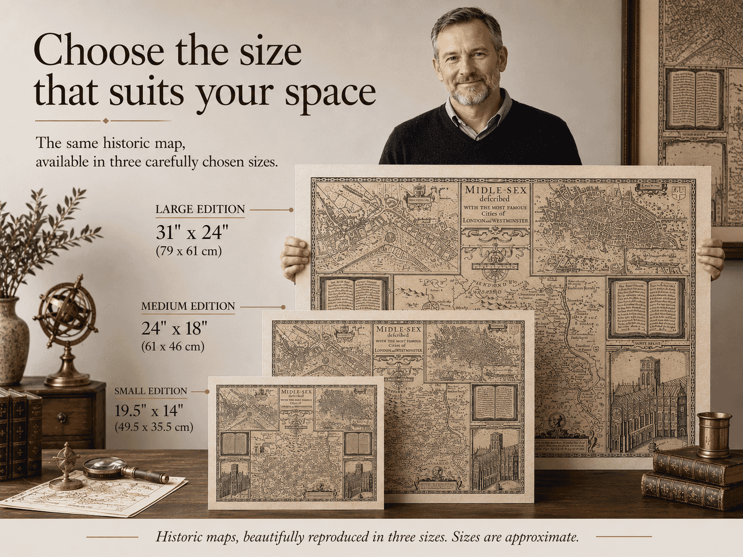 John Speed map of Middlesex shown in Small, Medium and Large print sizes