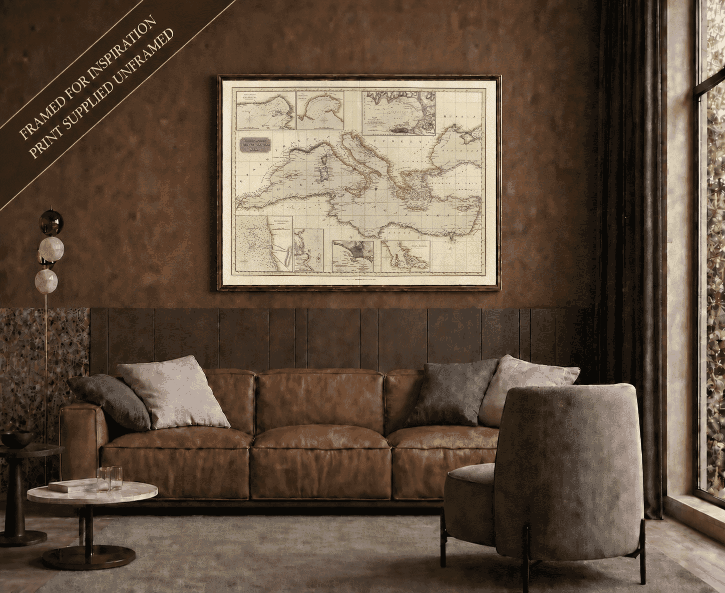 John Thomson’s 1817 old map of the Mediterranean Sea shown framed in a living room; print supplied unframed