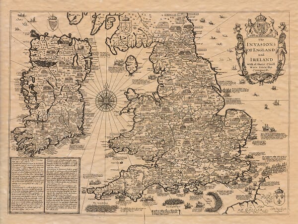 File name: old-map-england-ireland-invasions-civil-wars.jpg Alt text: Old map of England and Ireland showing invasions, civil wars and historic battles