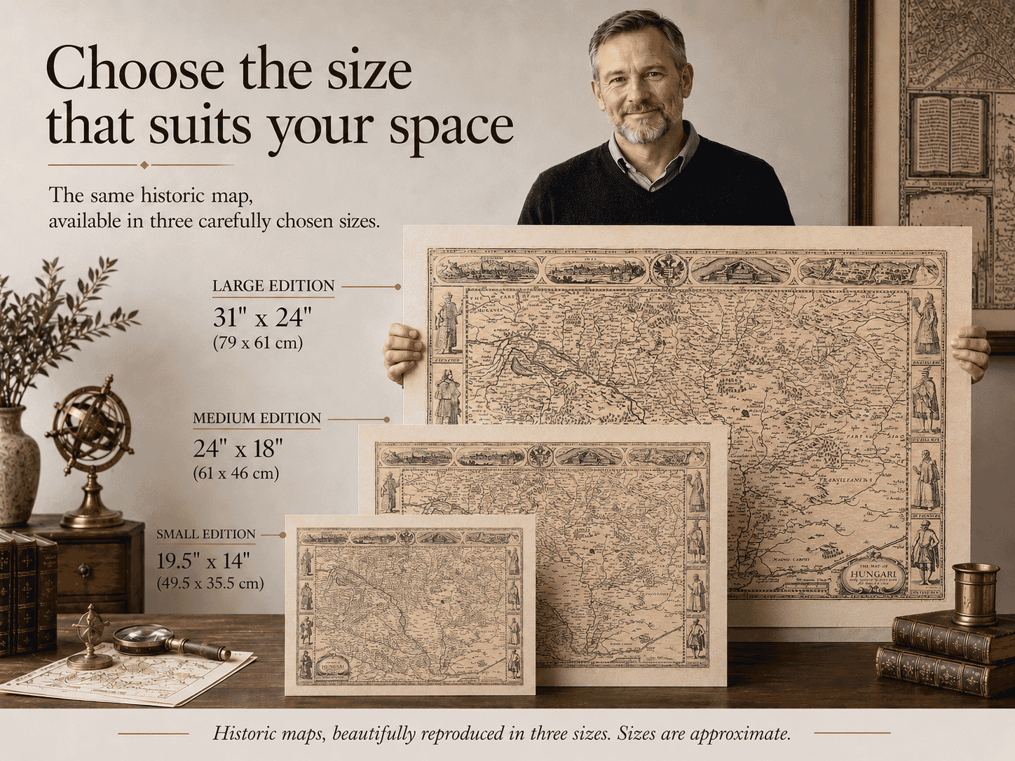 John Speed map of Hungary shown in three print sizes