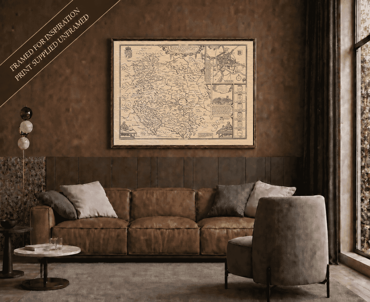 Framed display example featuring John Speed’s historic map of Hereford – print supplied unframed