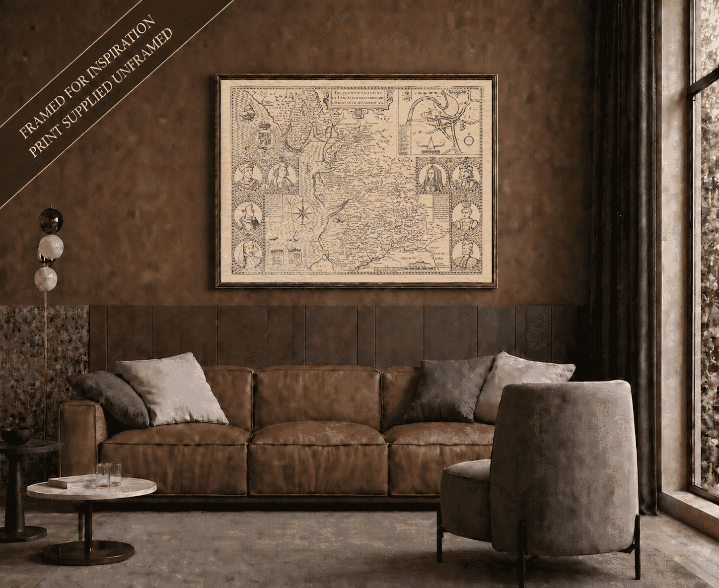 Framed display example featuring John Speed’s historic map of Lancashire – print supplied unframed