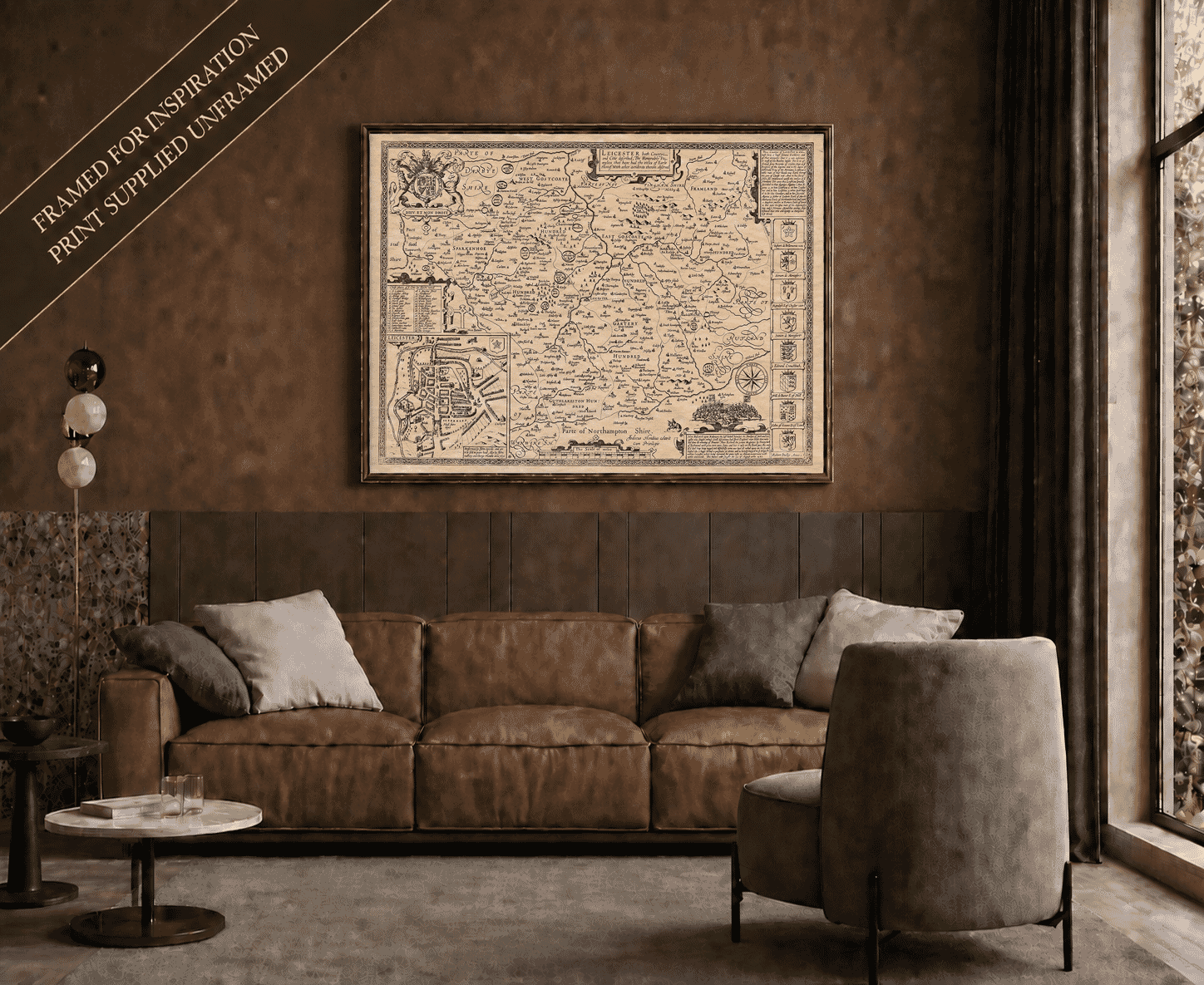 Framed display example featuring John Speed’s historic map of Leicestershire – print supplied unframed