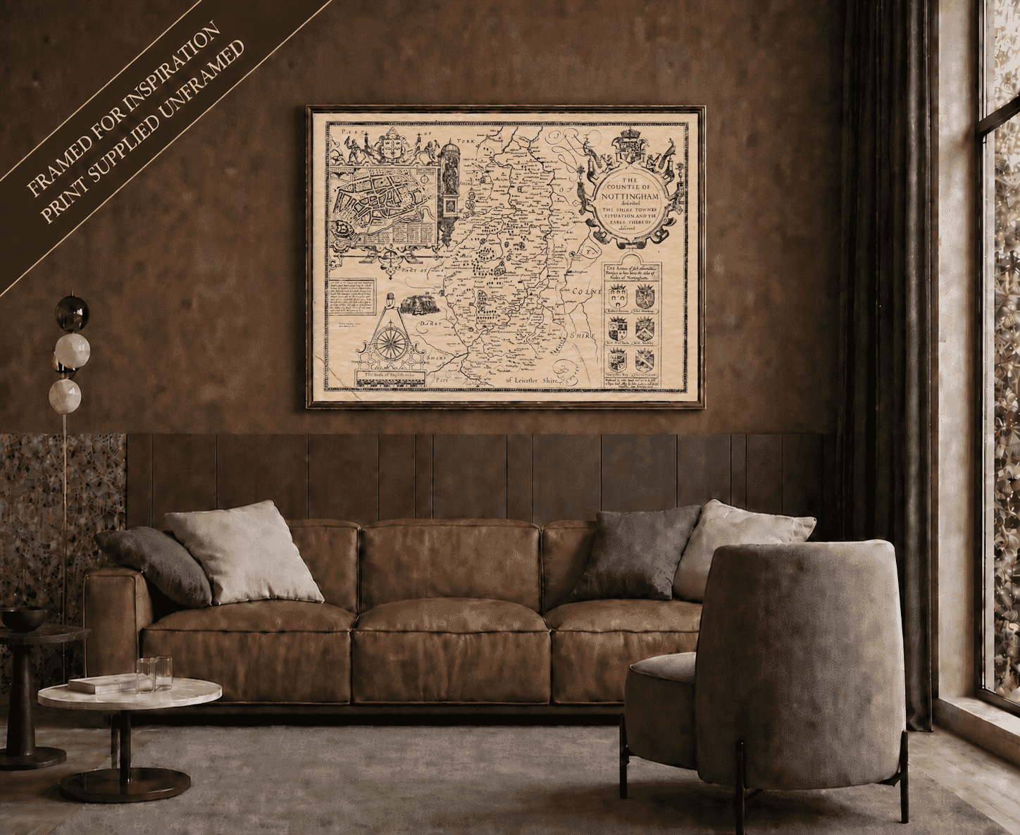 Framed display example featuring John Speed’s historic map of Nottinghamshire – print supplied unframed