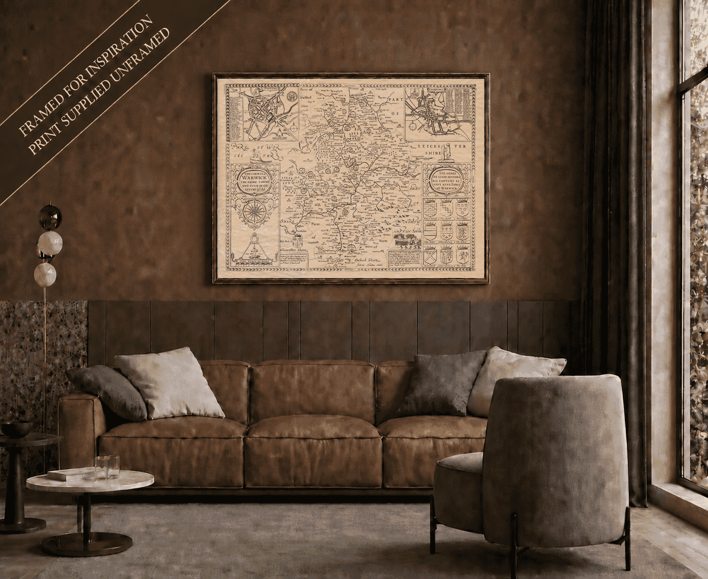 Framed display example featuring Joan Blaeu's historic map of Warwickshire – print supplied unframed