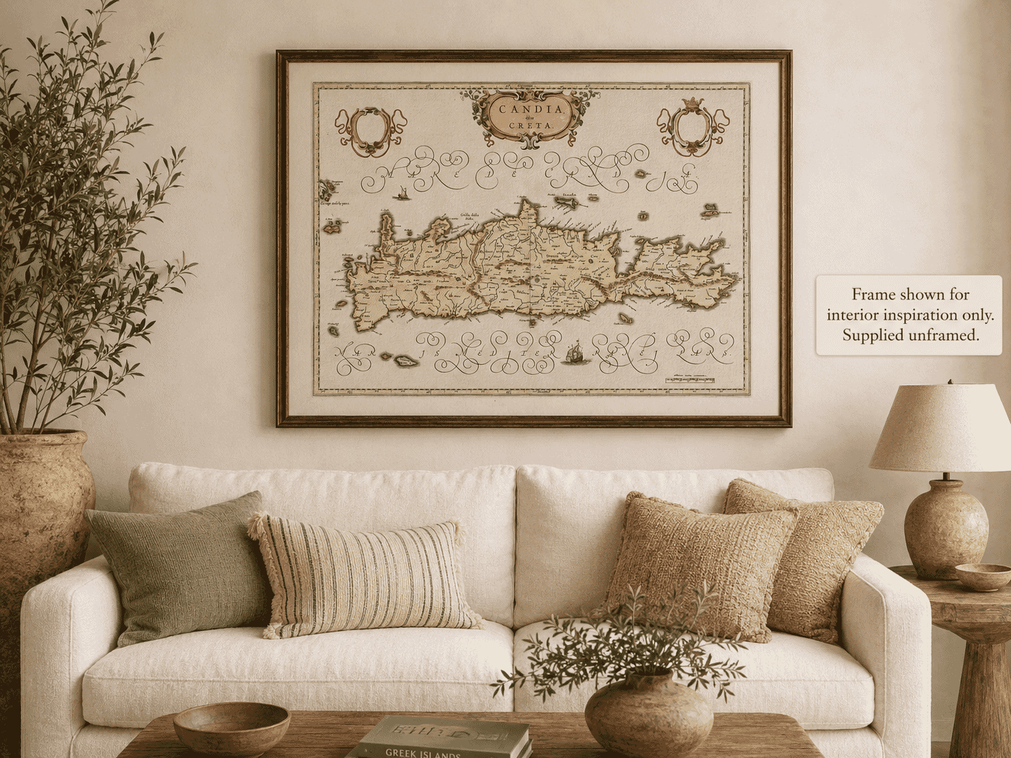 Large Edition of Old Map of Crete hung on lounge wall