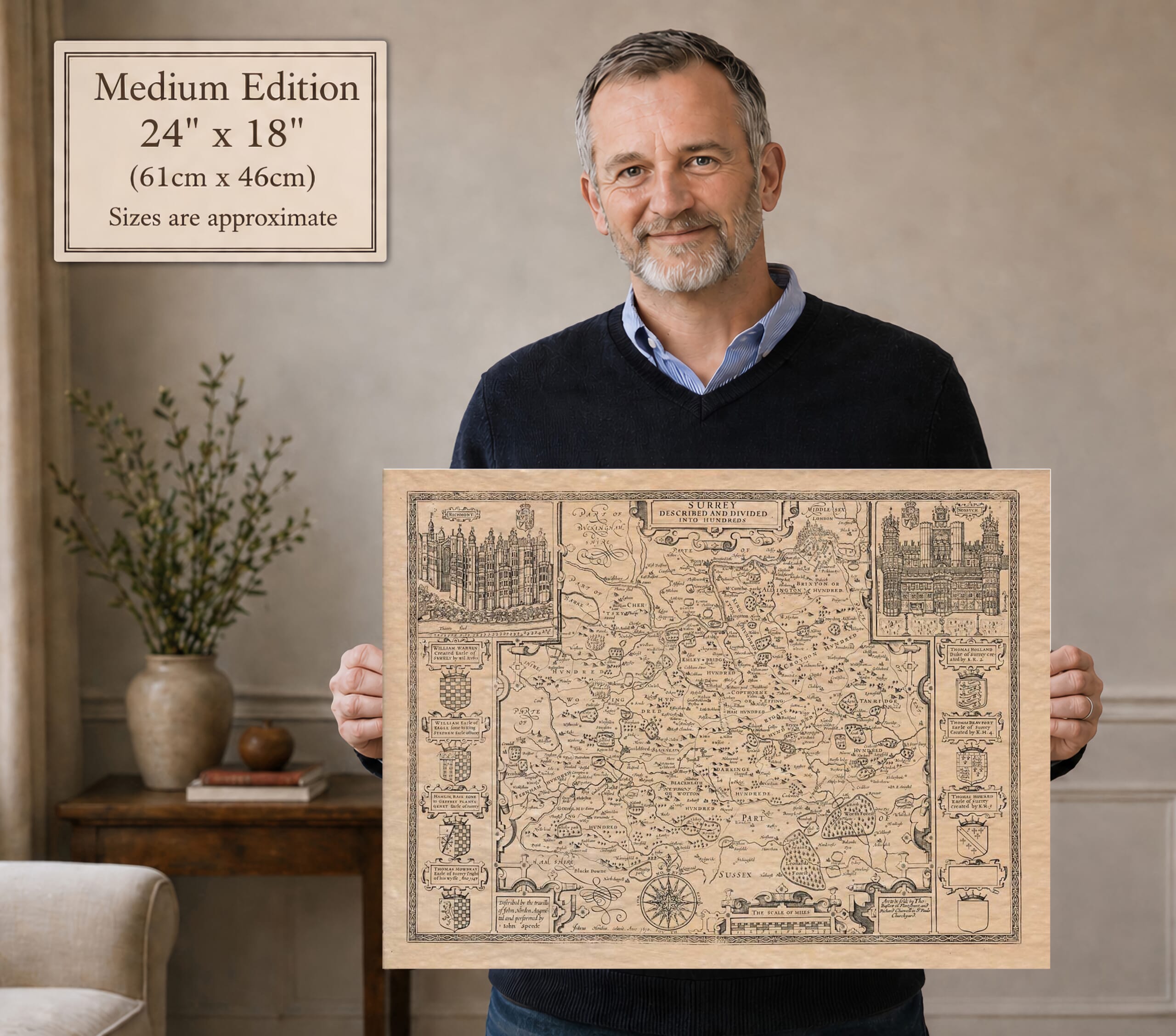 Medium Size John Speed Map Print Held by Man Surrey