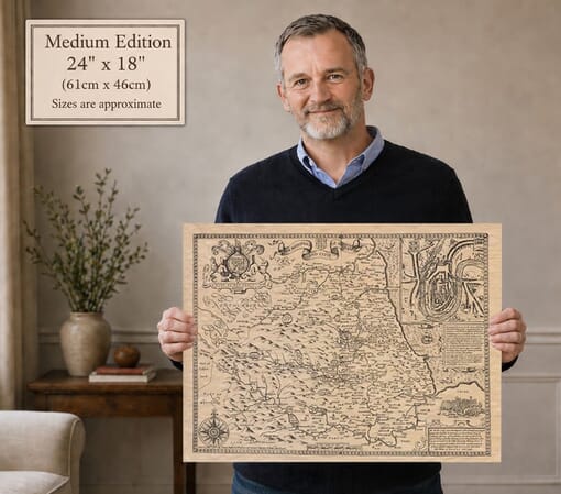 Medium Size John Speed Map of Durham Print Held by Man