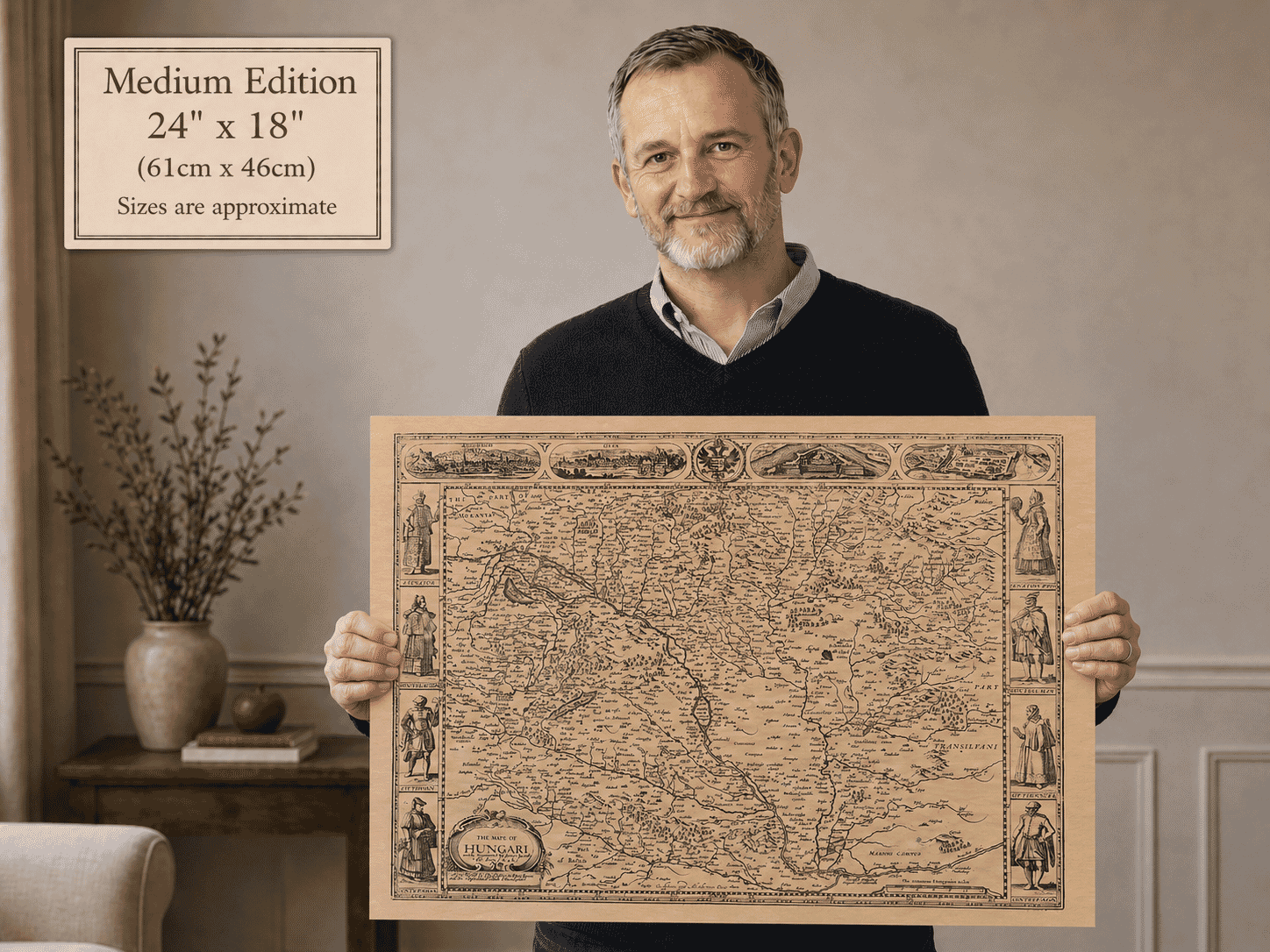 Medium edition old Hungary map held to demonstrate scale