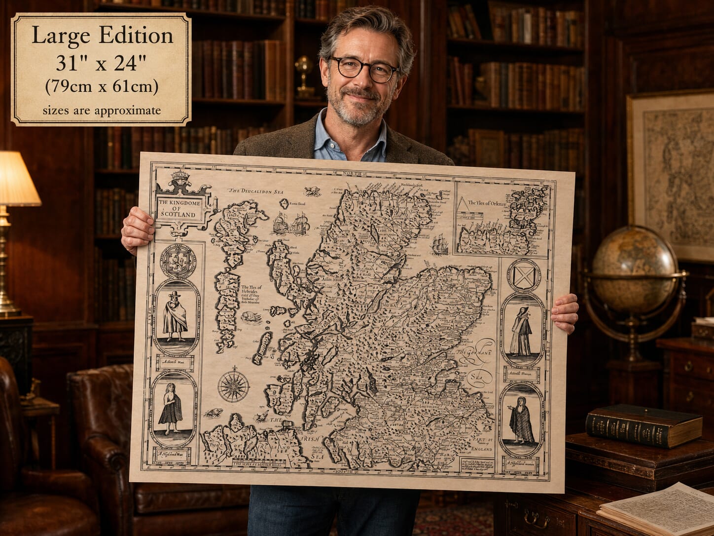 Model Holding Large Old Map of Scotland