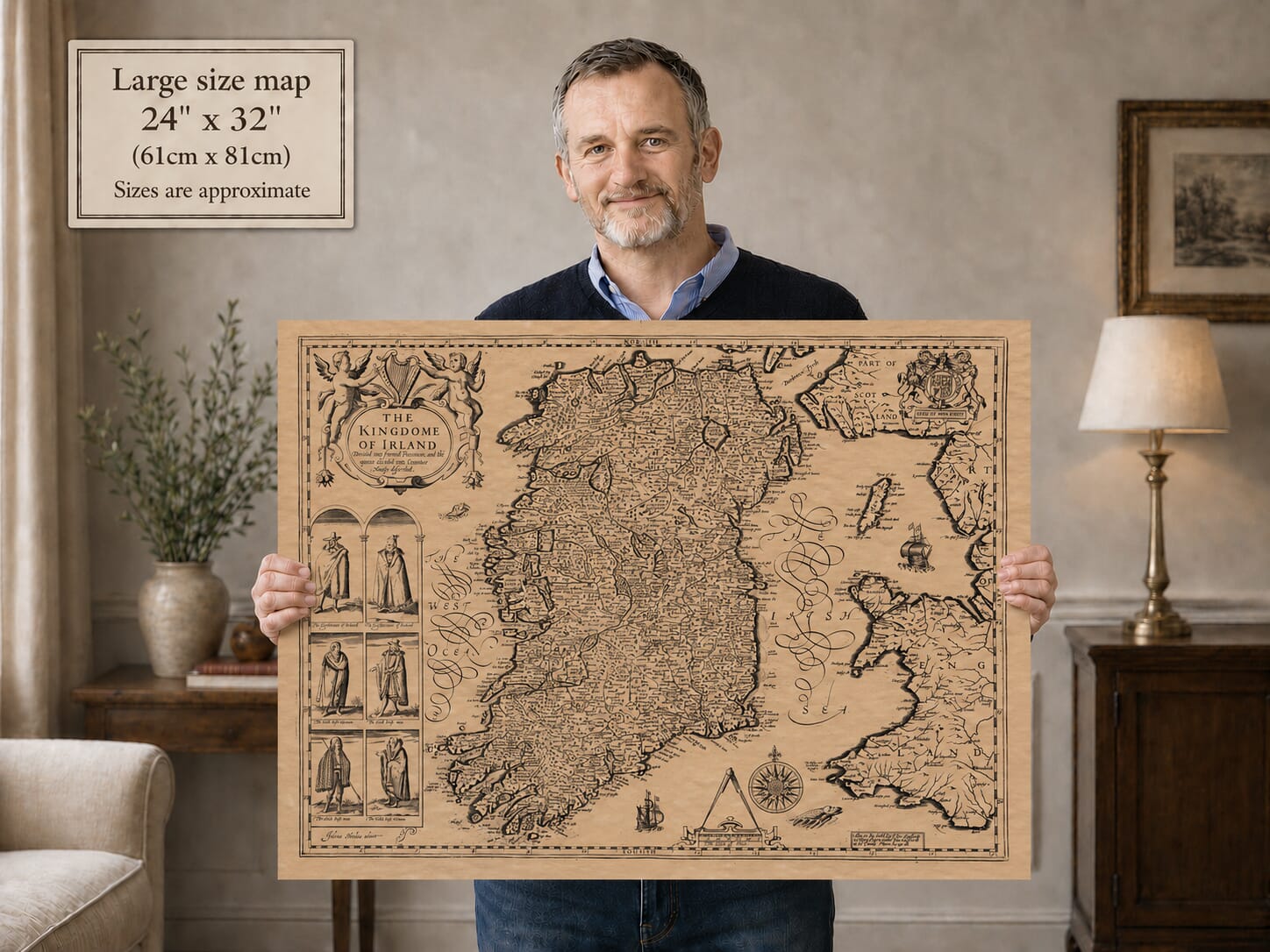 Model Holding Old Map of the Island of Ireland for size reference