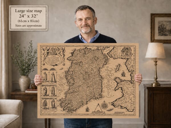 Model Holding Old Map of the Island of Ireland for size reference