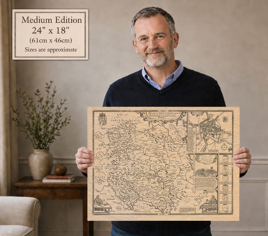 Model holding the medium edition of John Speed’s historic map of Herefordshire for size illustration