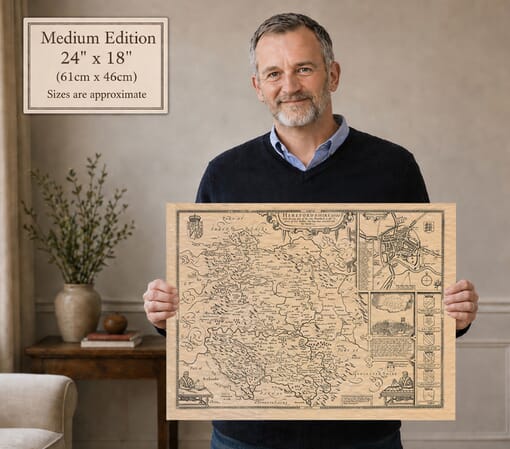 Model holding the medium edition of John Speed’s historic map of Herefordshire for size illustration