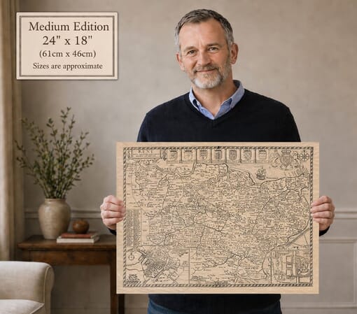 Model holding the medium edition of John Speed’s historic map of Kent for size illustration