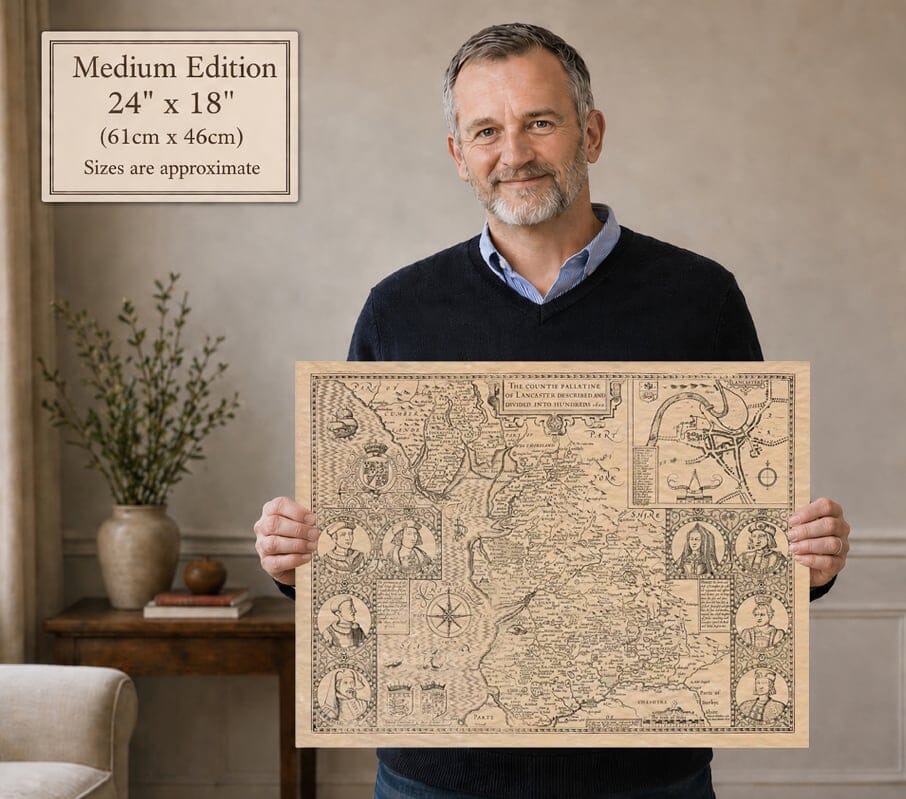 Man holding a medium Lancashire map print for size illustration