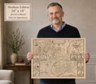 Model holding the medium edition of John Speed’s historic map of Lancashire for size illustration