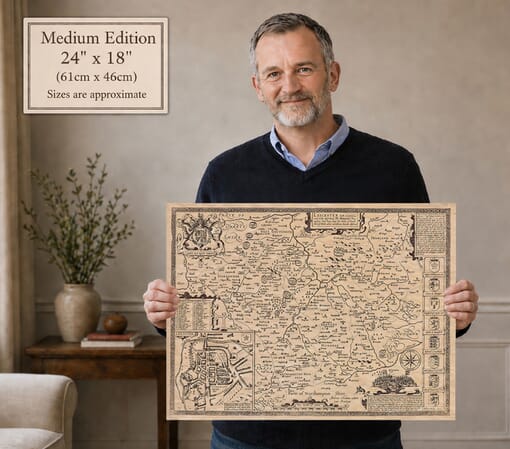 Model holding the medium edition of John Speed’s historic map of Leicestershire for size illustration