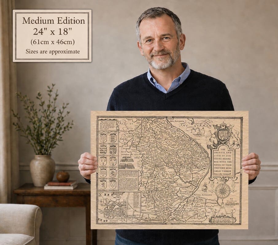 Model holding the medium edition of John Speed’s historic map of Lincolnshire for size illustration