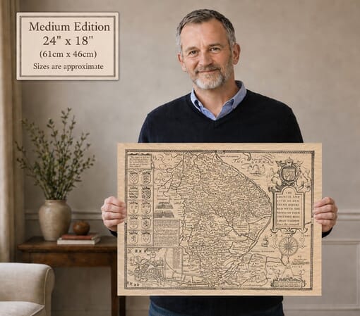 Model holding the medium edition of John Speed’s historic map of Lincolnshire for size illustration
