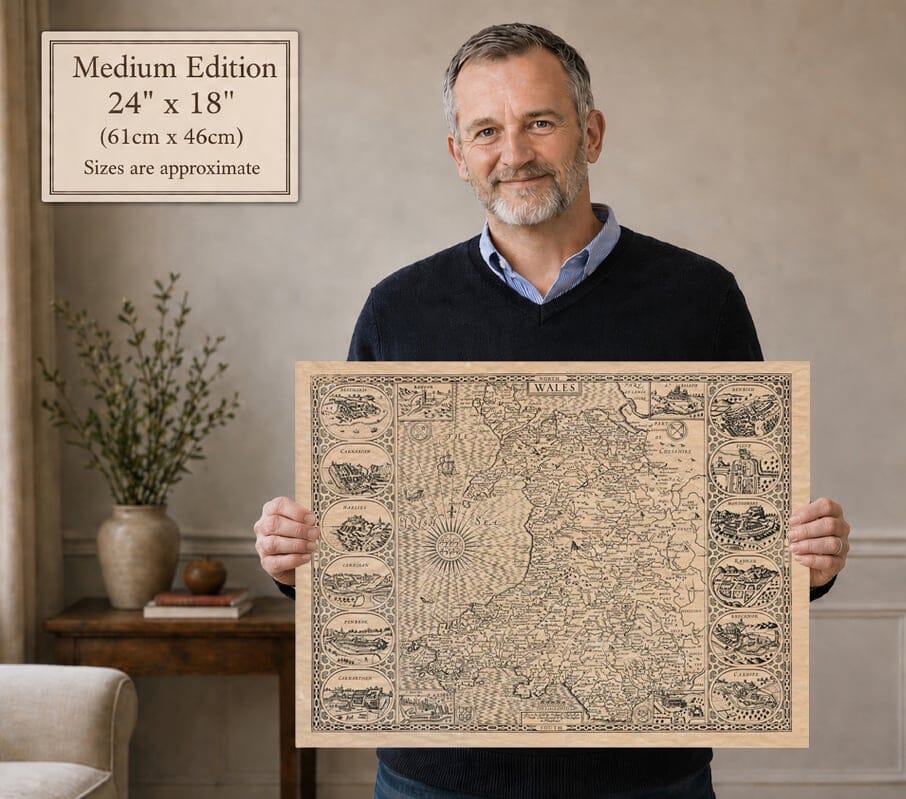 Model holding the medium edition of John Speed’s historic map of Wales for size illustration
