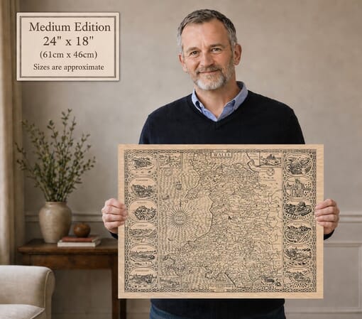 Model holding the medium edition of John Speed’s historic map of Wales for size illustration