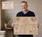 Model holding the medium edition of John Speed’s historic map of Warwickshire for size illustration