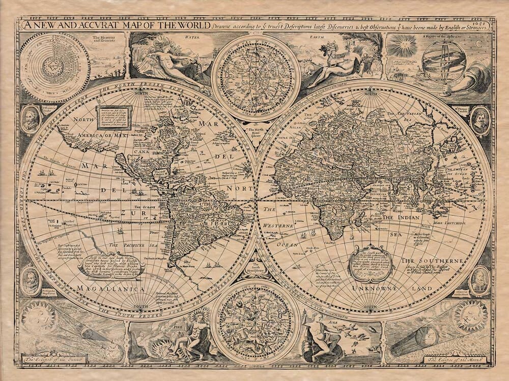 John Speed’s double-hemisphere world map, 1651