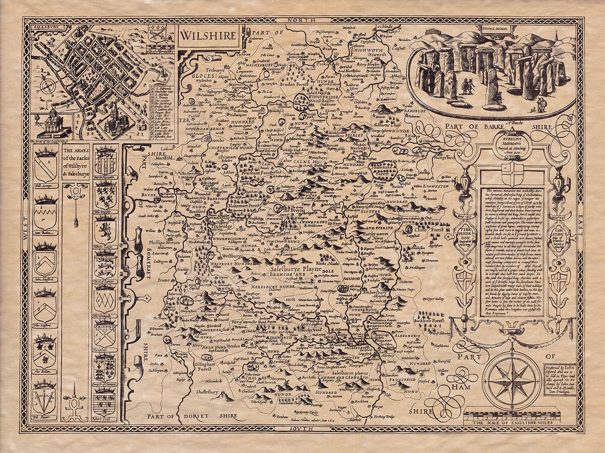 LOVELY VINTAGE REPLICA  JOHN SPEED MAP OF WILTSHIRE CIRCA.1610 STONE HENGE 