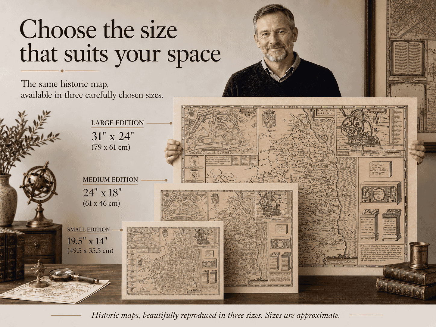 John Speed map of Northumberland shown in three print sizes
