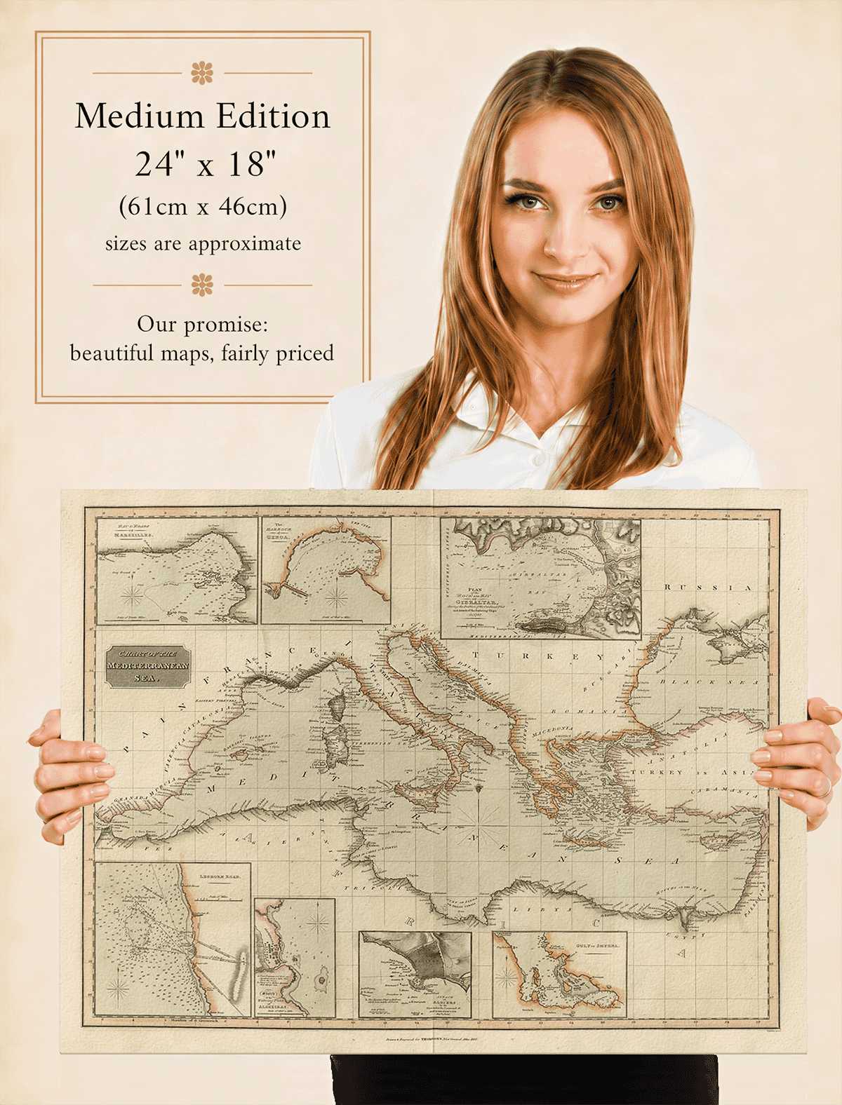 Woman holding the medium edition of John Thomson’s 1817 old map of the Mediterranean Sea