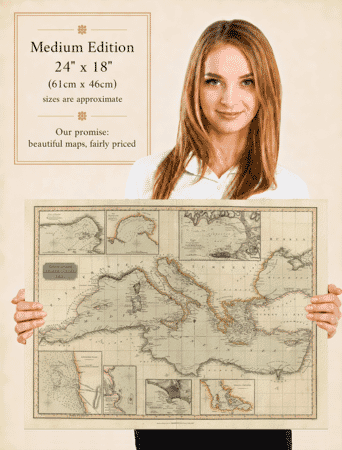 Woman holding the medium edition of John Thomson’s 1817 old map of the Mediterranean Sea