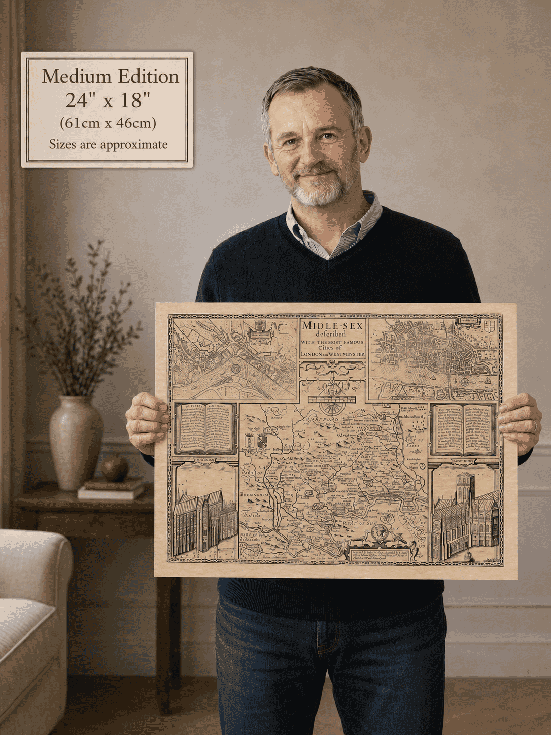 Medium edition of John Speed’s Middlesex map held for scale