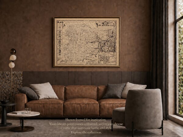 Old map of Essex by John Speed shown framed in an interior