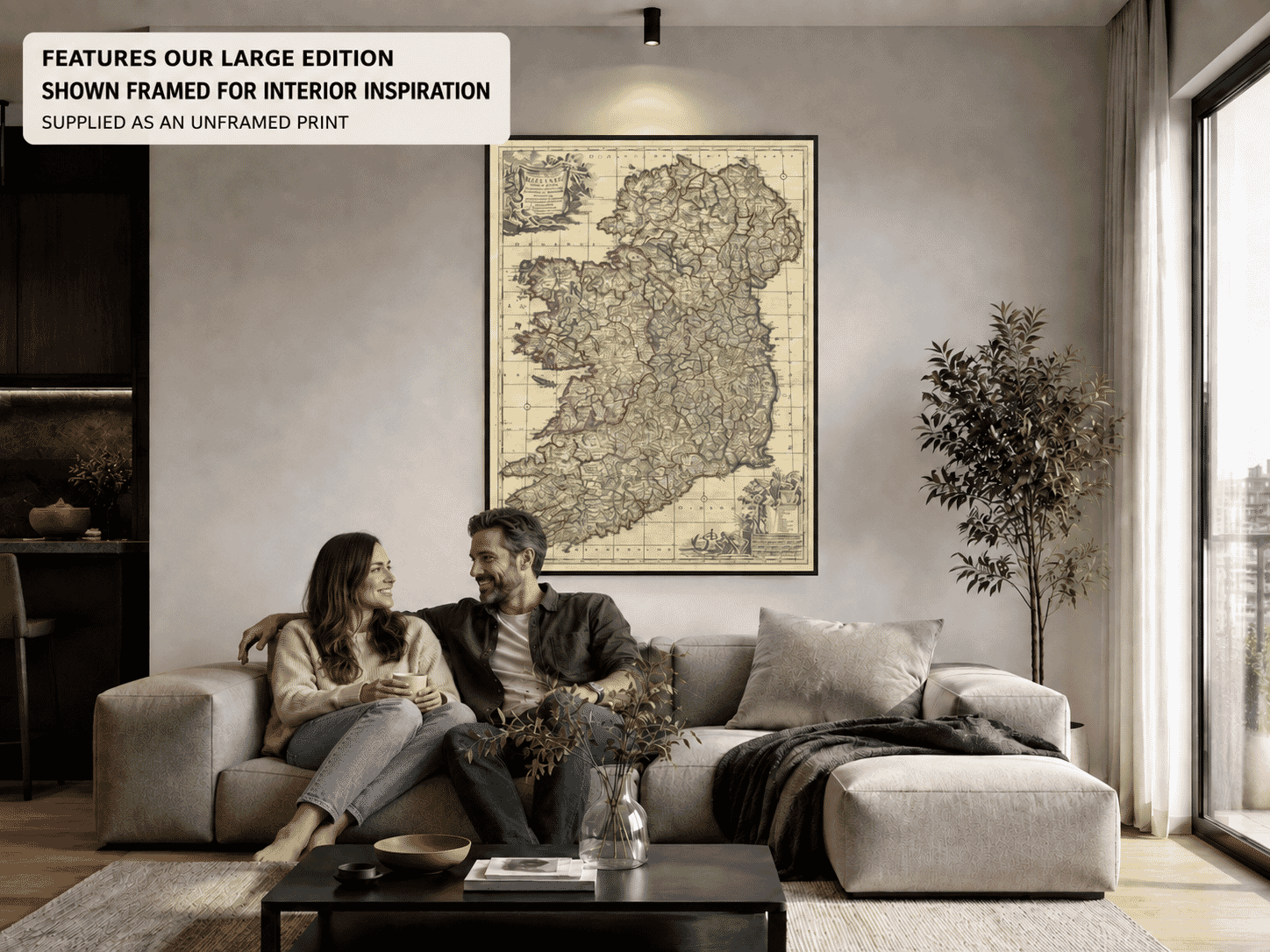 Couple beneath Frederik de Wit’s old map of Ireland in the Large Edition size